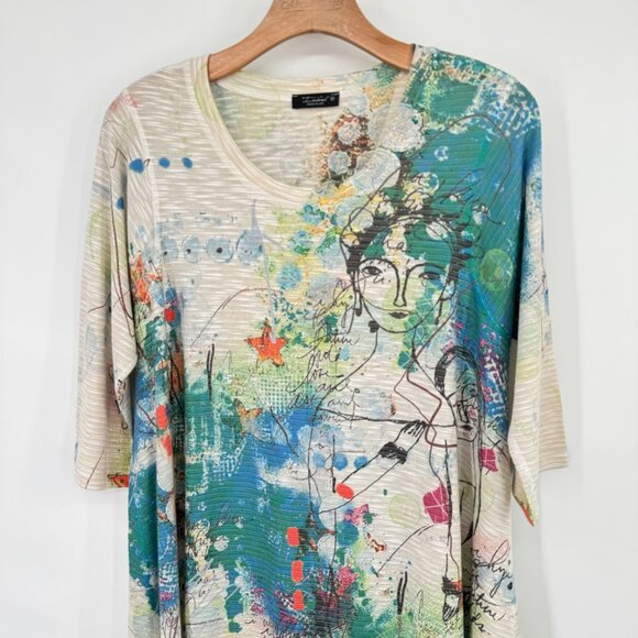 Inoah Women's size Medium Tunic Top art to wear 1/2 sleeve knit rayon blend - Picture 5 of 10